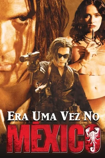 Pôster com homem de óculos escuros e arma em primeiro plano, mulher com faca nos lábios e um homem sério ao fundo. Tons sépia, clima tenso.