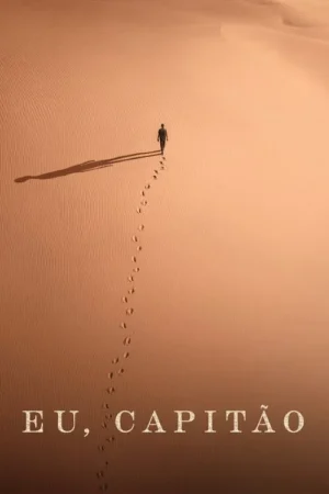 Um homem caminha sozinho sobre dunas de areia texturizadas ao entardecer. Suas pegadas e uma longa sombra pontuam o vasto deserto.