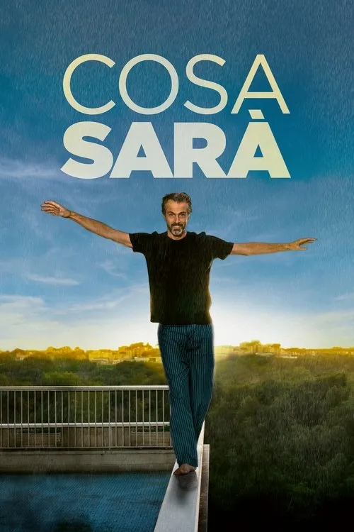Homem barbudo equilibra-se descalço na beira de um terraço com piscina,braços abertos. Céu azul com chuva e paisagem verde ao fundo.