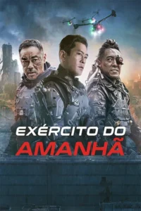 Pôster de ficção científica com três homens em armaduras futuristas, à frente de uma cidade chuvosa e escura com drones.
