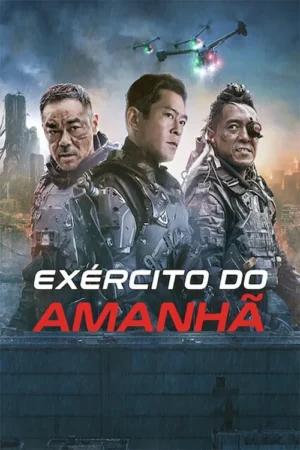 Pôster de ficção científica com três homens em armaduras futuristas, à frente de uma cidade chuvosa e escura com drones.