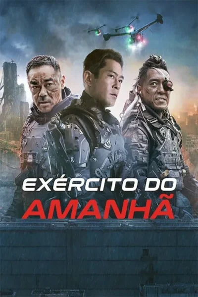 Pôster de ficção científica com três homens em armaduras futuristas, à frente de uma cidade chuvosa e escura com drones.