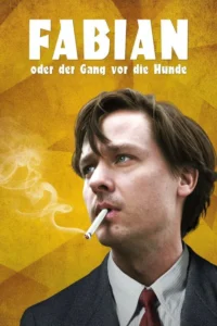 Um homem de terno,com cabelo revolto,fuma um cigarro,olhando pensativo para a direita. Fumaça branca sobe em fundo amarelo vibrante.