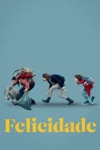 Três pessoas,curvadas com mochilas e sacolas,se esforçam caminhando em um fundo azul-acinzentado. O homem leva mais carga,seguido por mulher e criança.