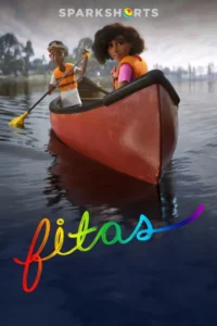Duas crianças animadas, com coletes laranja, remando uma canoa vermelha em um lago calmo com árvores ao fundo.