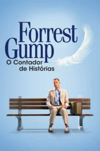 Homem de terno bege sentado em banco de parque com caixa de chocolates e mala. Pena branca flutua em fundo azul claro.