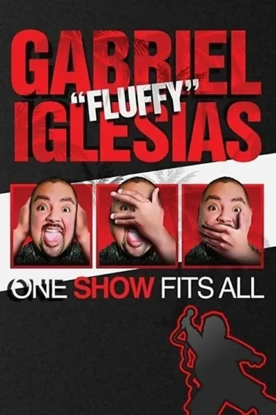Pôster preto e vermelho. Um homem faz três caretas exageradas com as mãos nas orelhas, olhos e boca. Silhueta de um comediante.