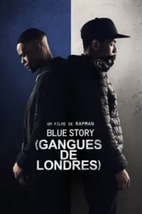 Dois jovens,um com boné e bandana,o outro de perfil,de costas para costas em fundo dividido azul e cinza. Clima tenso.