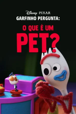 Um boneco garfo de plástico com braços de arame olha um cãozinho de brinquedo, em fundo colorido. Texto vermelho com pergunta.