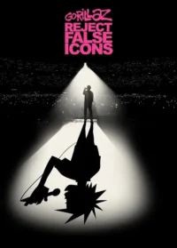 Cantor em palco sob holofote, público ao fundo. Sua sombra é um personagem cartoon punk invertido. Atmosfera de show e dualidade.