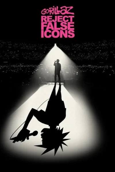 Cantor em palco sob holofote, público ao fundo. Sua sombra é um personagem cartoon punk invertido. Atmosfera de show e dualidade.