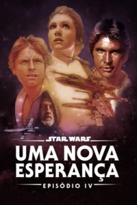 Pôster sci-fi:quatro heróis (jovem determinado,mulher,homem,ancião encapuzado) e naves voando contra um fundo estrelado.