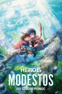 Pôster anime:Duas figuras infantis sentadas em um galho submerso,com raios de luz e bolhas em um ambiente aquático mágico.