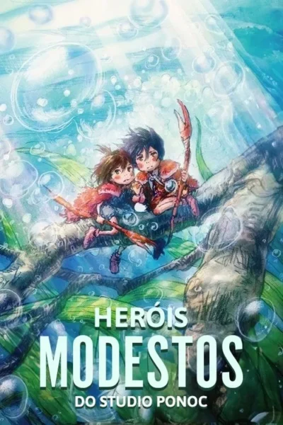 Pôster anime: Duas figuras infantis sentadas em um galho submerso, com raios de luz e bolhas em um ambiente aquático mágico.