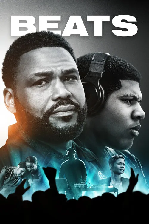 Homem barbudo e jovem com fones em pôster. Abaixo, DJ, casal e plateia sob luzes azuis. Clima dramático e musical.