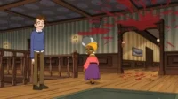 Homem bigodudo e mulher pequena em casa antiga. Sangue respingado no teto, paredes e chão, criando um clima tenso e sinistro.