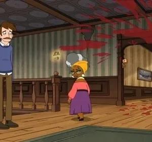 Homem bigodudo e mulher pequena em casa antiga. Sangue respingado no teto, paredes e chão, criando um clima tenso e sinistro.