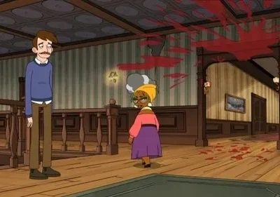 Homem bigodudo e mulher pequena em casa antiga. Sangue respingado no teto, paredes e chão, criando um clima tenso e sinistro.