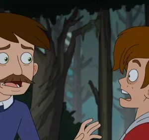 Desenho. Um homem de bigode e um garoto parecem assustados em uma floresta escura e nebulosa. Clima tenso e misterioso.