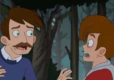 Desenho. Um homem de bigode e um garoto parecem assustados em uma floresta escura e nebulosa. Clima tenso e misterioso.