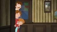 Três personagens animados (adulto, dois meninos) espreitam empilhados de uma porta. Expressões de curiosidade e apreensão em casa antiga.