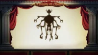 Palco teatral com cortinas vermelhas e colunas, exibindo a sombra escura e ameaçadora de um demônio chifrudo com múltiplos membros.