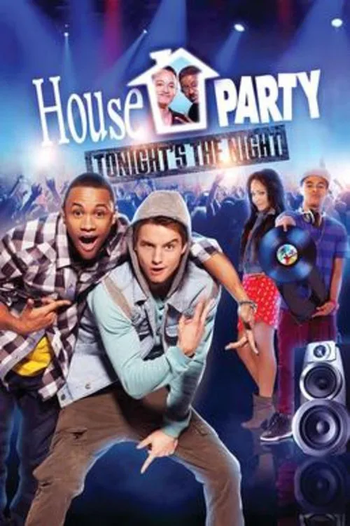 House Party:A Noite é uma Criança 1 Dois jovens,um de xadrez e outro de capuz,posam com energia. DJ,multidão e luzes de festa completam a cena animada.