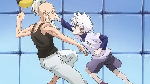 Hunter x Hunter – T01E07:Prova Final x na x Aeronave 1 Um velho barbudo equilibra uma bola enquanto um menino de cabelos brancos tenta alcançá-lo. Cena animada de treino em fundo azul.