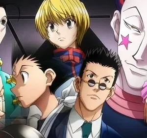 Pôster anime: 8 personagens diversos. Homem com maquiagem estrela/lágrima sorri, outros sérios. Fundo escuro. Clima de aventura.