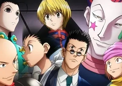 Pôster anime: 8 personagens diversos. Homem com maquiagem estrela/lágrima sorri, outros sérios. Fundo escuro. Clima de aventura.