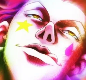 Homem de anime com maquiagem de estrela e lágrima, olhos amarelos penetrantes e sorriso irônico. Fundo psicodélico neon.