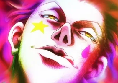 Homem de anime com maquiagem de estrela e lágrima, olhos amarelos penetrantes e sorriso irônico. Fundo psicodélico neon.