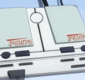 Console de videogame retrô branco JoySTATION com slots de cartucho. Um controle é visível à esquerda.