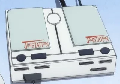 Console de videogame retrô branco JoySTATION com slots de cartucho. Um controle é visível à esquerda.