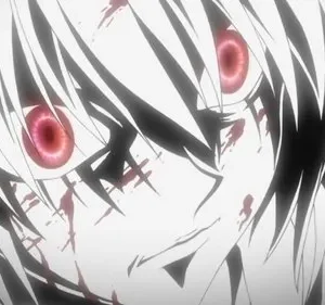 Rosto de anime pálido com cabelo branco espetado, olhos vermelhos brilhantes e salpicos de sangue. Um sorriso sinistro surge do escuro.