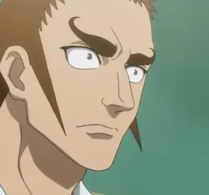 Um homem de anime com cabelo castanho e costeletas. Ele tem sobrancelhas grossas e um olhar sério e fixo. Fundo verde simples.