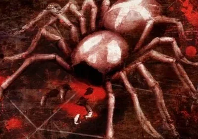 Aranha marrom-avermelhada em close. Fundo escuro com respingos de sangue vermelho e linhas brancas finas. Clima sombrio de horror.