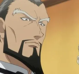 Dois homens de anime: um com barba preta e sobrancelhas brancas tem olhar sério. Ao lado, um homem mais velho parece surpreso.