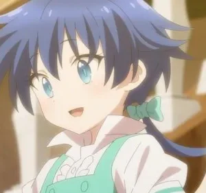 Jovem garota anime de cabelo azul espetado e olhos azuis, com um sorriso alegre, usa avental verde sobre camisa branca. Fundo arquitetônico claro.