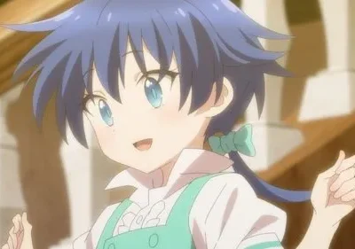 Jovem garota anime de cabelo azul espetado e olhos azuis, com um sorriso alegre, usa avental verde sobre camisa branca. Fundo arquitetônico claro.