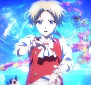 Anime: Jovem de cabelo loiro e colete vermelho, com mãos estendidas. Fundo azul e roxo mágico com arma ornamentada e brilhante.