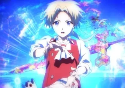 Anime: Jovem de cabelo loiro e colete vermelho, com mãos estendidas. Fundo azul e roxo mágico com arma ornamentada e brilhante.