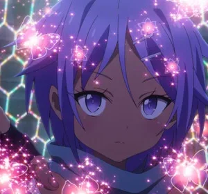 Garota de anime com pele escura e cabelo roxo estende a mão entre borboletas e luzes cor-de-rosa mágicas, contra um fundo hexagonal.