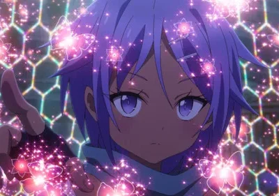 Garota de anime com pele escura e cabelo roxo estende a mão entre borboletas e luzes cor-de-rosa mágicas, contra um fundo hexagonal.