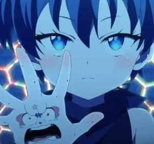 Jovem anime de cabelo azul e olhos brilhantes, expressão séria, exibe a palma com um rosto assustado. Fundo azul com hexágonos luminosos.