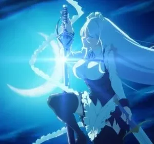 Mulher de anime, cabelos brancos e vestido de empregada, ergue uma espada luminosa. Fundo azul-escuro com lua crescente e aura mística.