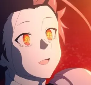 Close-up de personagem de anime com olhos brilhantes laranja e cabelo escuro com detalhes vermelhos. Fundo vibrante laranja e vermelho.