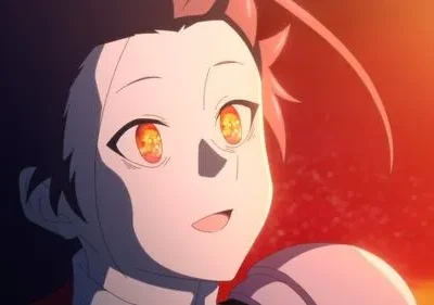 Close-up de personagem de anime com olhos brilhantes laranja e cabelo escuro com detalhes vermelhos. Fundo vibrante laranja e vermelho.