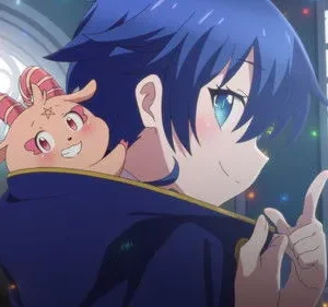 Jovem anime de cabelo azul e uma criatura rosa com chifres sorriem em um salão gótico com luzes cintilantes.