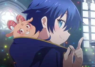 Jovem anime de cabelo azul e uma criatura rosa com chifres sorriem em um salão gótico com luzes cintilantes.